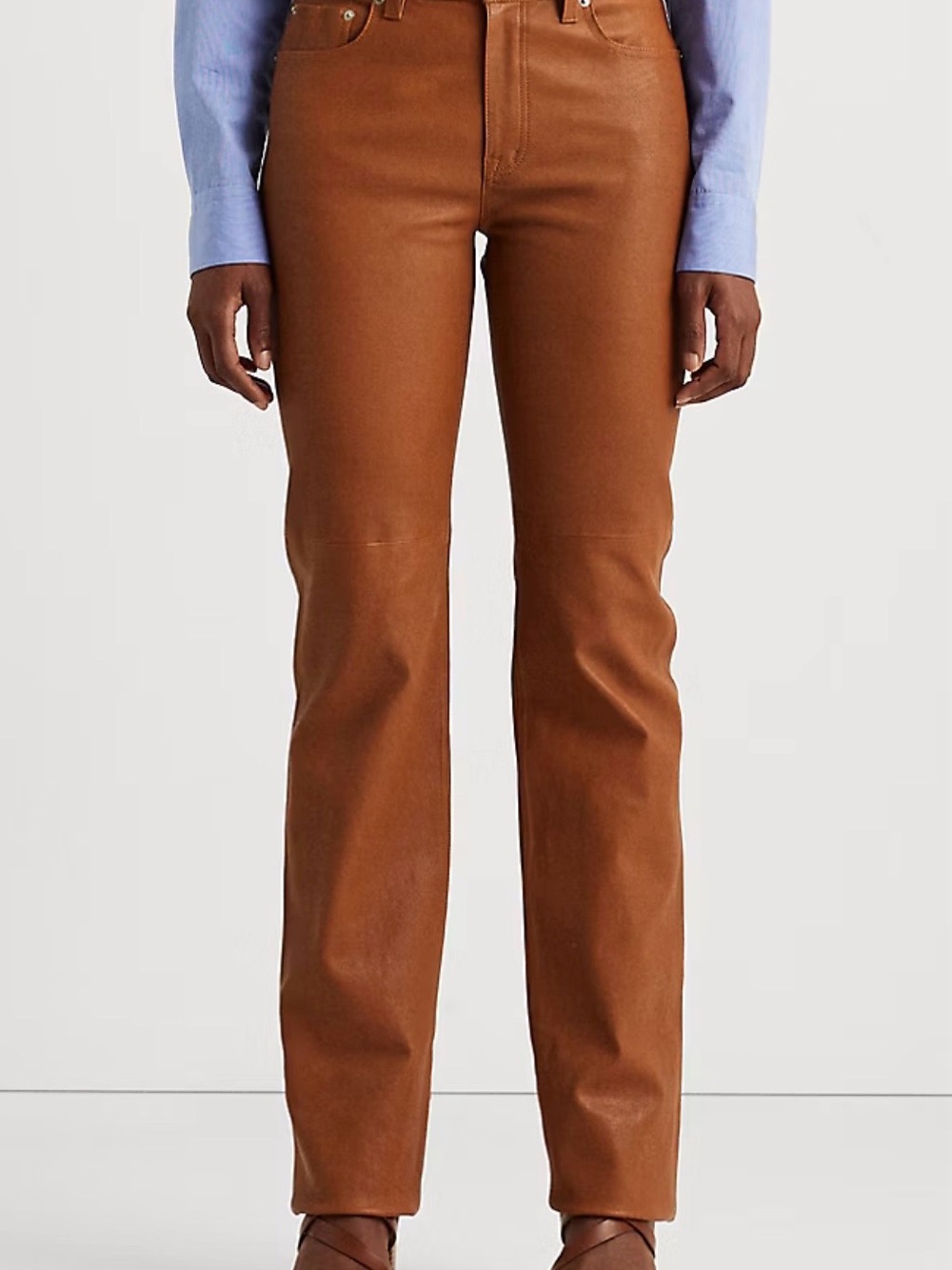 LAUREN RALPH LAUREN Leather Pant Relaxed Straight Leg Natural Brown Size US10🌸